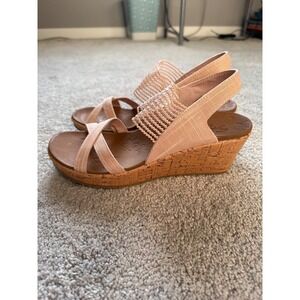 Skechers Pink Beverlee High Tea Sling Back Stretch Wedge Sandals 9 NEW